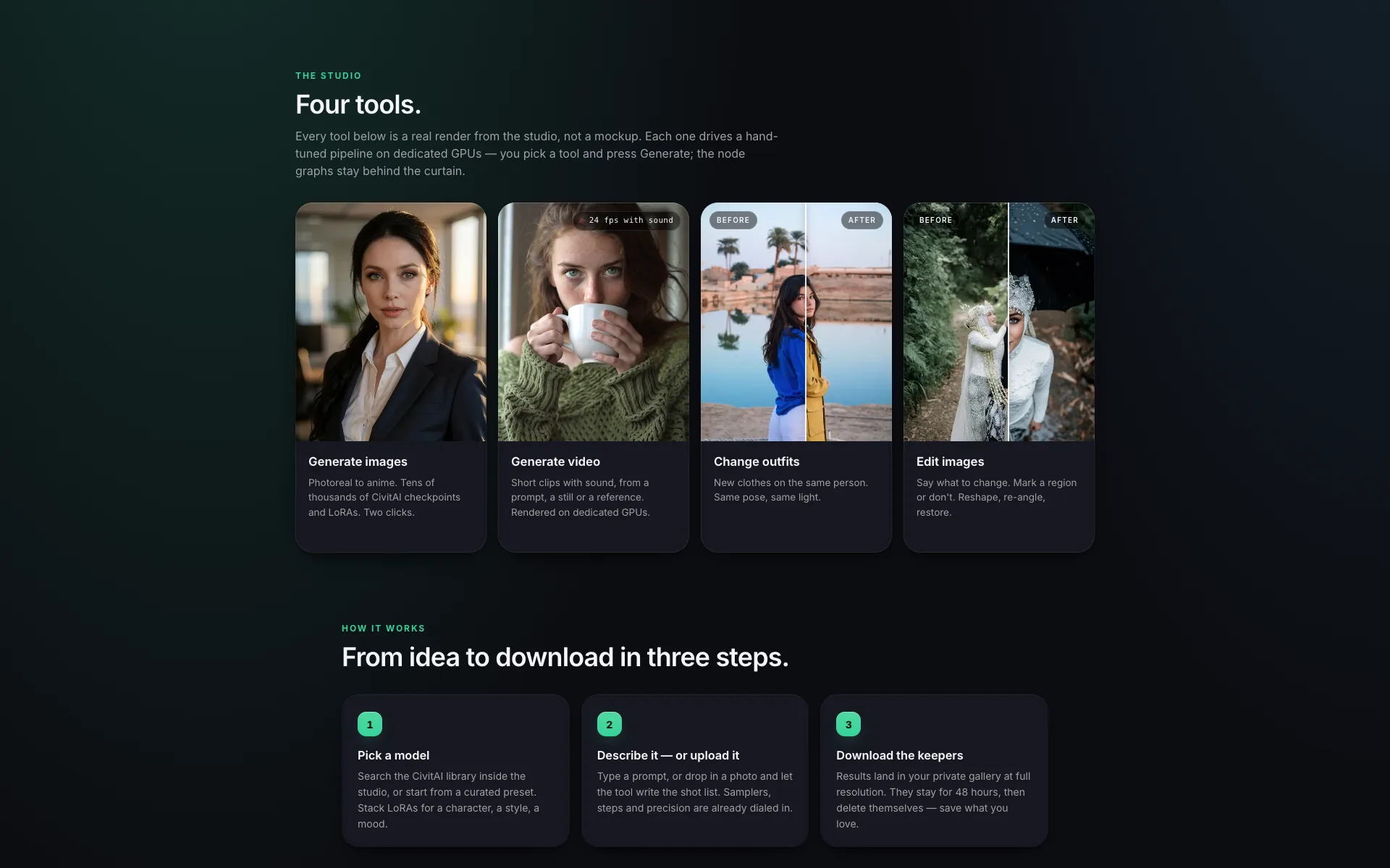 The GenVista website: four tools — generate images, generate video, change outfits and edit images — each shown with a real render, above the three steps of how it works.