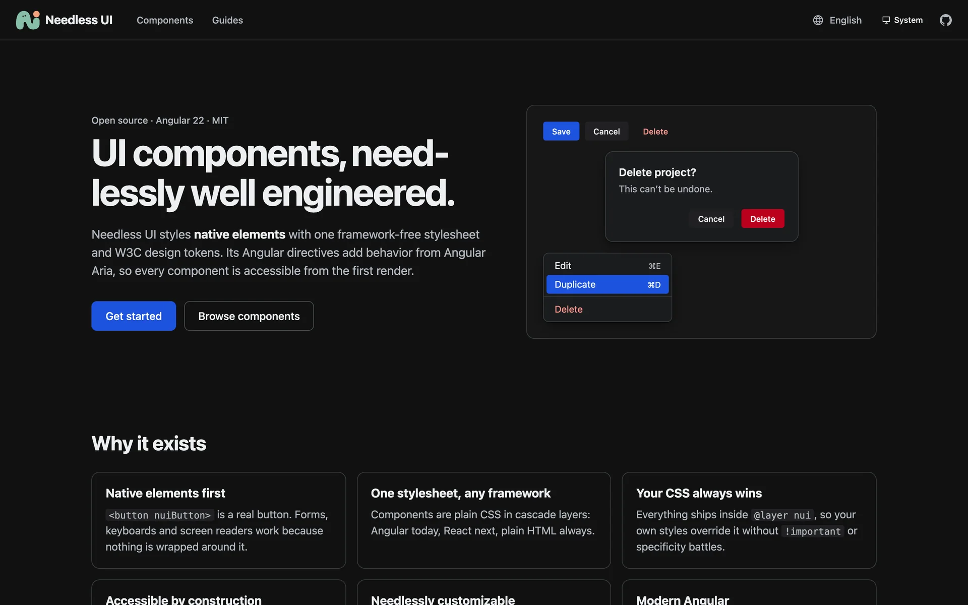 The Needless UI website: “UI components, needlessly well engineered.” next to example buttons, a confirmation dialog and a menu.