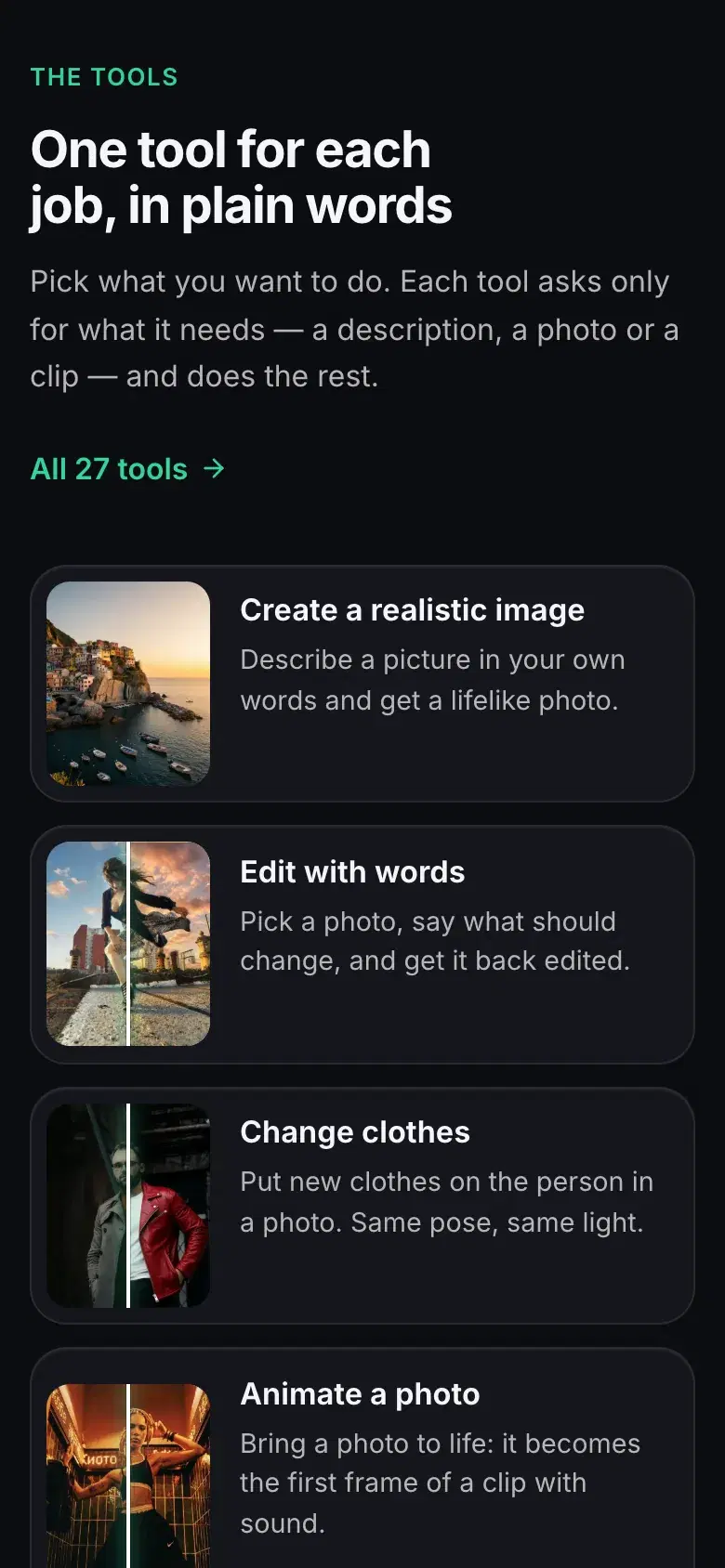 The GenVista website in a phone’s browser: its tools one under another, starting with create a realistic image, edit with words, change clothes and animate a photo.
